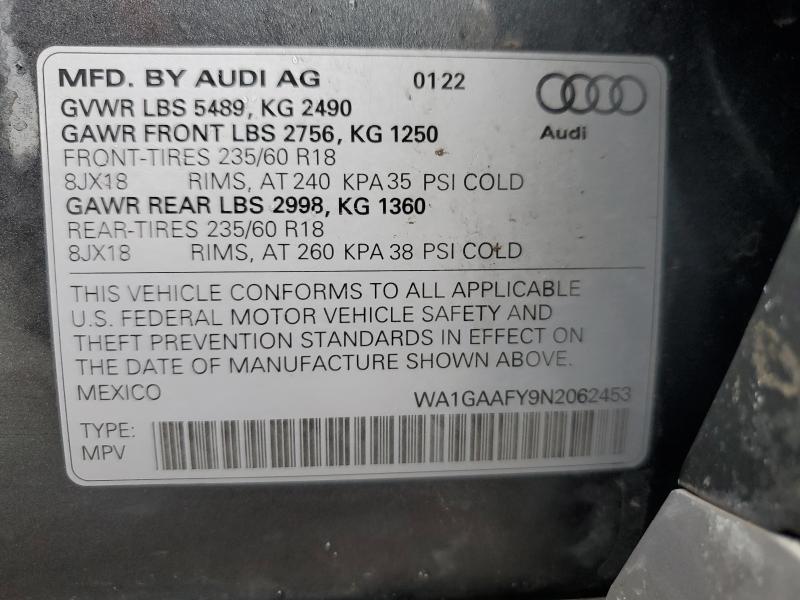 2022 Audi Q5 მანქანა იყიდება აუქციონზე, vin: WA1GAAFY9N2062453, აუქციონის ნომერი: 79035495