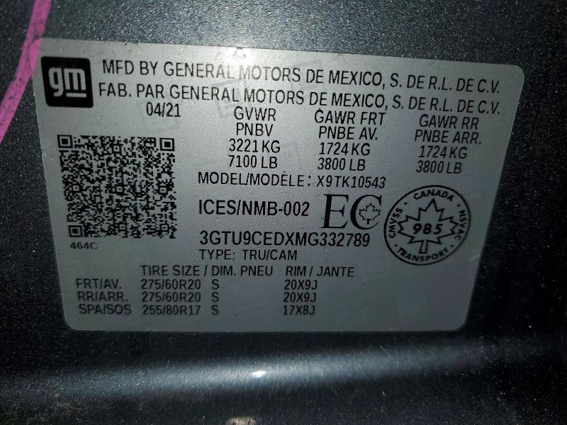 2021 Gmc Sierra მანქანა იყიდება აუქციონზე, vin: 3GTU9CEDXMG332789, აუქციონის ნომერი: 77087055