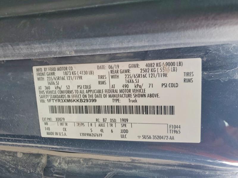 75870185 :رقم المزاد ، 1FTYR3XM6KKB29399 vin ، 2019 Ford Transit مزاد بيع
