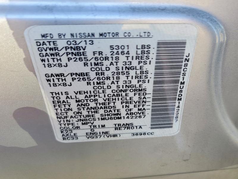 75666095 :رقم المزاد ، JN8CS1MU6DM142267 vin ، 2013 Infiniti Fx37 مزاد بيع