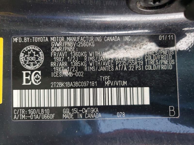 Продаж на аукціоні авто 2011 Lexus Rx, vin: 2T2BK1BA3BC097181, номер лоту: 76848155