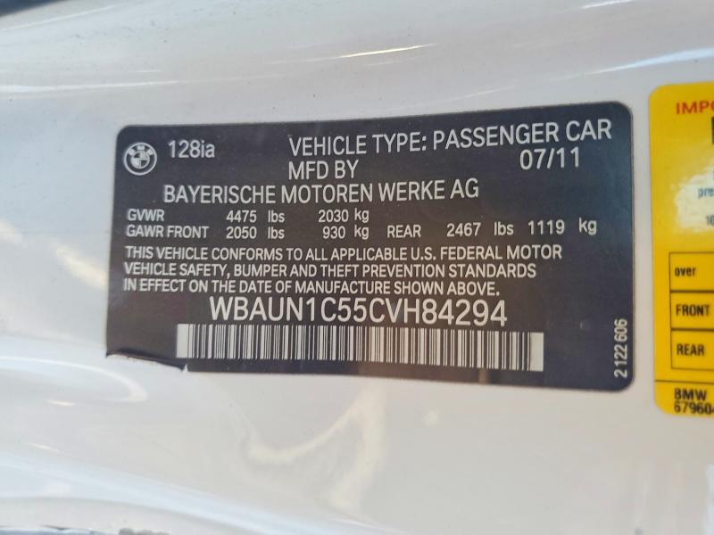 76139615 :رقم المزاد ، WBAUN1C55CVH84294 vin ، 2012 Bmw 128 مزاد بيع