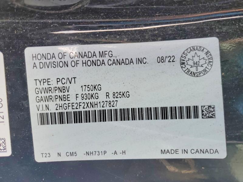 Aukcja sprzedaży 2022 Honda Civic, vin: 2HGFE2F2XNH127827, numer aukcji: 77591505