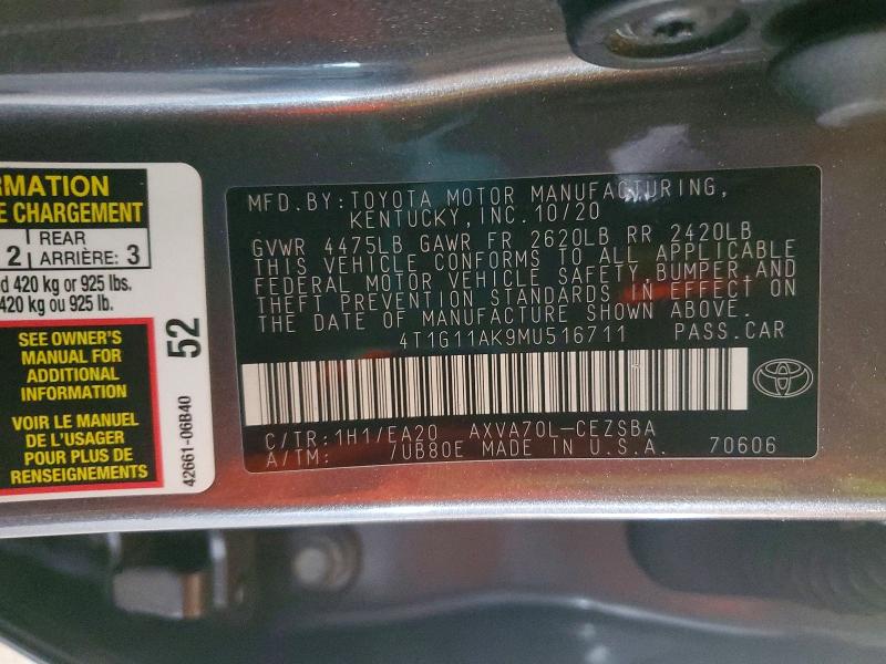 2021 Toyt Camry Se მანქანა იყიდება აუქციონზე, vin: 4T1G11AK9MU516711, აუქციონის ნომერი: 79042665