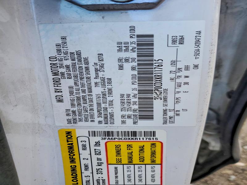 Продаж на аукціоні авто 2019 Ford Fusion, vin: 3FA6P0CDXKR117615, номер лоту: 76160285