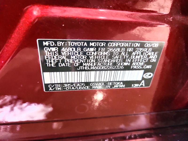 Aukcja sprzedaży 2008 Lexus Es, vin: JTHBJ46G082262326, numer aukcji: 75371335
