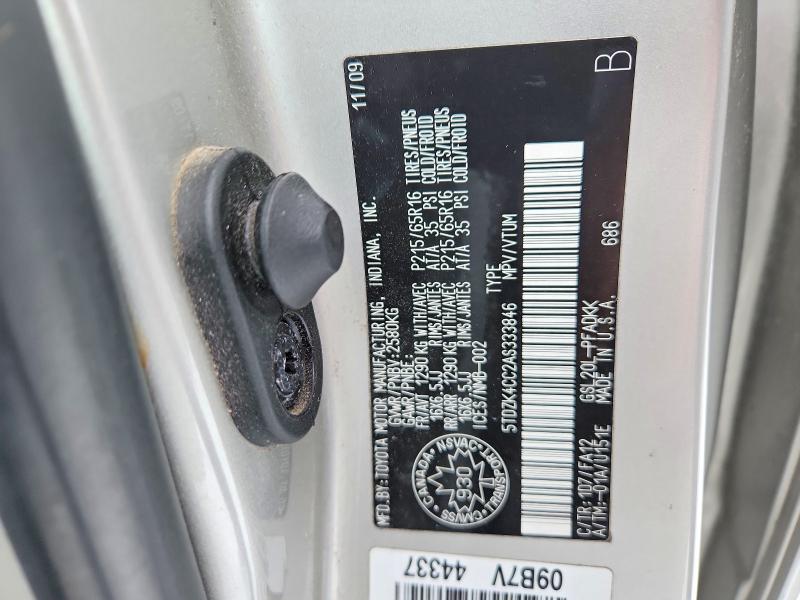 Продажа на аукционе авто 2010 Toyota Sienna, vin: 5TDZK4CC2AS333846, номер лота: 77496505