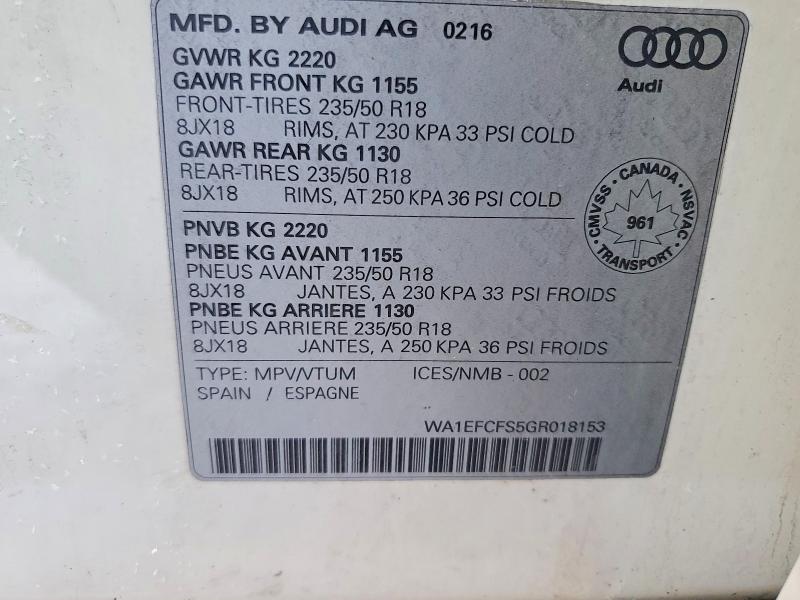 2016 Audi Q3 Premium მანქანა იყიდება აუქციონზე, vin: WA1EFCFS5GR018153, აუქციონის ნომერი: 72114155