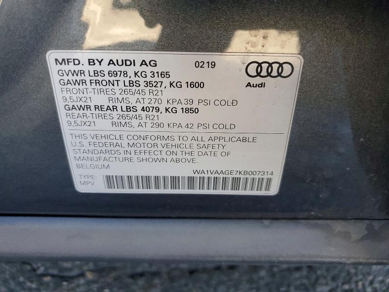 79383265 :رقم المزاد ، WA1VAAGE7KB007314 vin ، 2019 Audi E-tron مزاد بيع