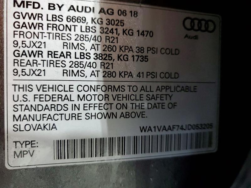 74212985 :رقم المزاد ، WA1VAAF74JD053205 vin ، 2018 Audi Q7 مزاد بيع