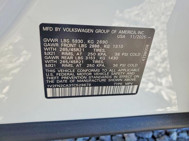 2026 Volkswagen Atlas მანქანა იყიდება აუქციონზე, vin: 1V2FN2CA3TC529679, აუქციონის ნომერი: 78445695