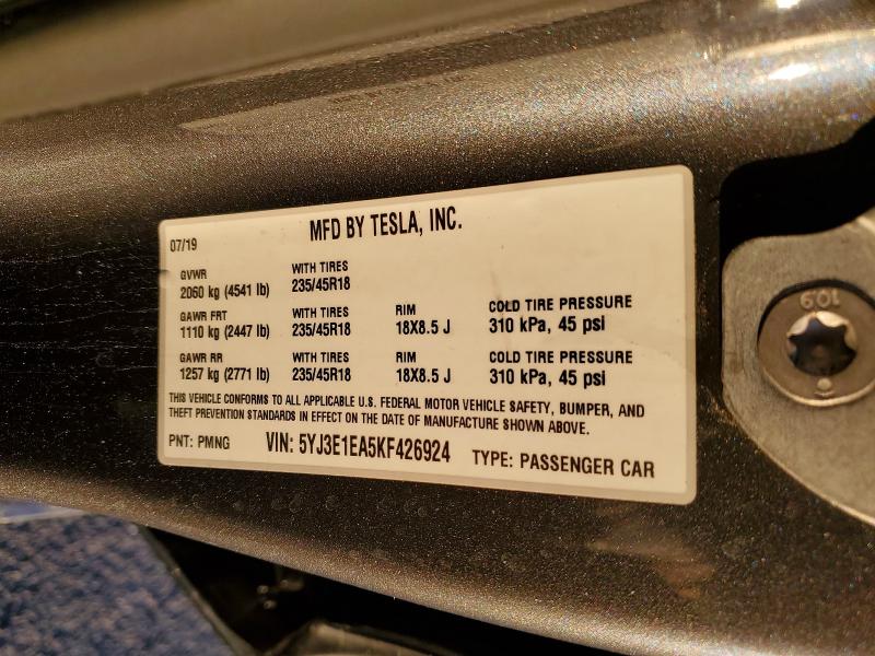 78119845 :رقم المزاد ، 5YJ3E1EA5KF426924 vin ، 2019 Tesla Model 3 مزاد بيع