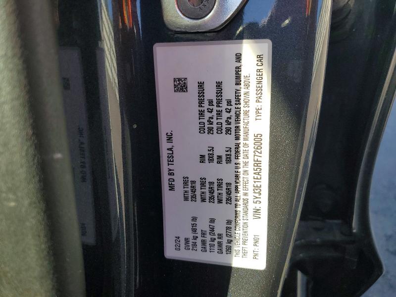 Продажа на аукционе авто 2024 Tesla Model 3, vin: 5YJ3E1EA5RF726005, номер лота: 79157745