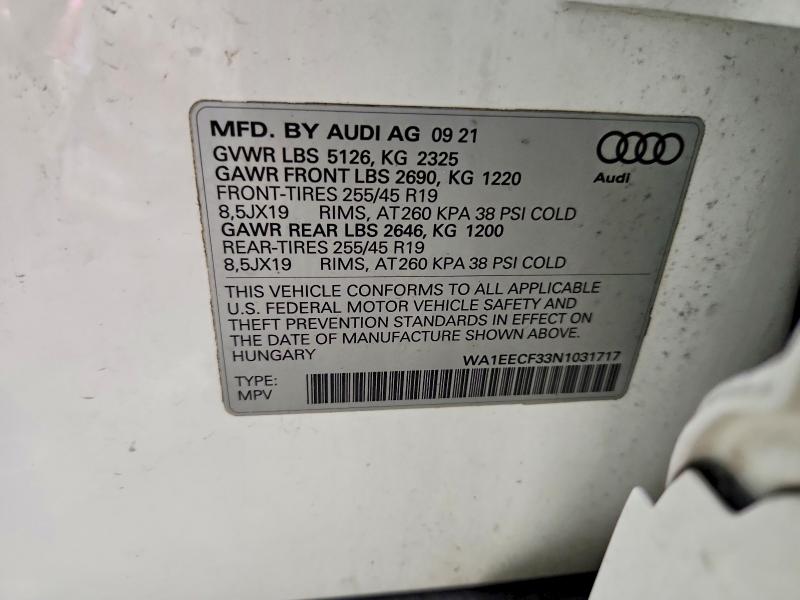 2022 Audi Q3 მანქანა იყიდება აუქციონზე, vin: WA1EECF33N1031717, აუქციონის ნომერი: 75475075