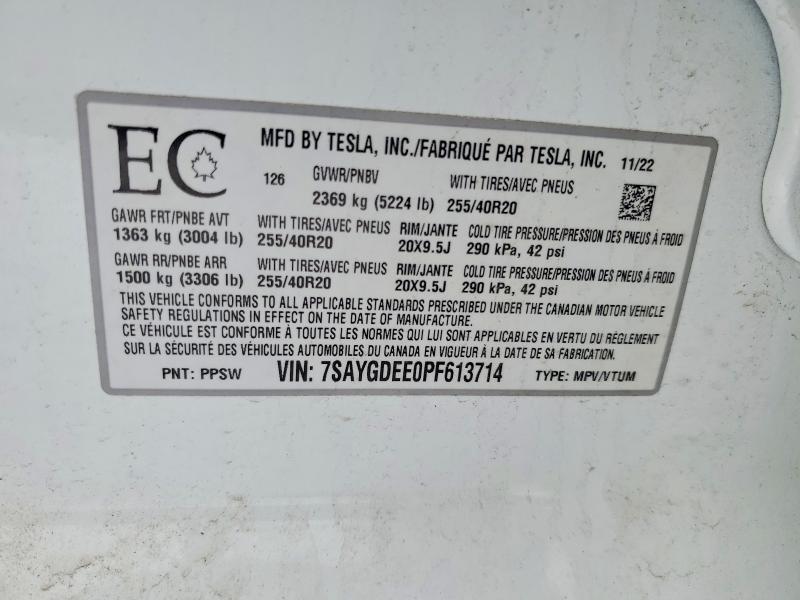 Продажа на аукционе авто 2023 Tesla Model Y, vin: 7SAYGDEE0PF613714, номер лота: 74911845
