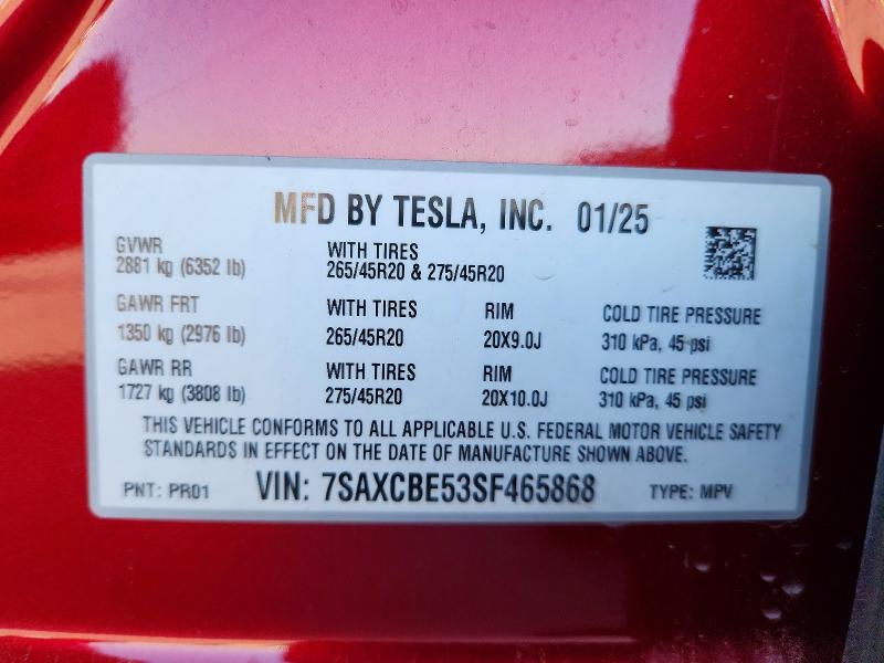 Продажа на аукционе авто 2025 Tesla Model X, vin: 7SAXCBE53SF465868, номер лота: 77201835