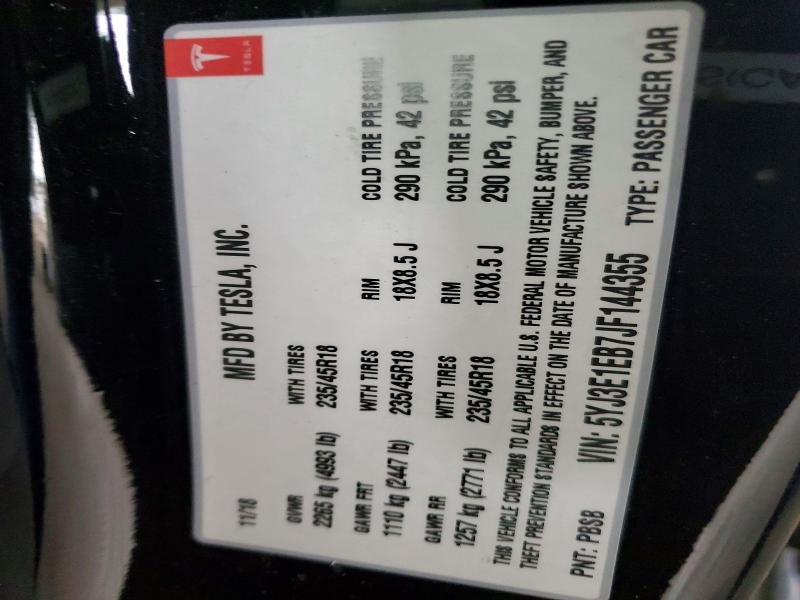 Продажа на аукционе авто 2018 Tesla Model 3, vin: 5YJ3E1EB7JF144355, номер лота: 76749075