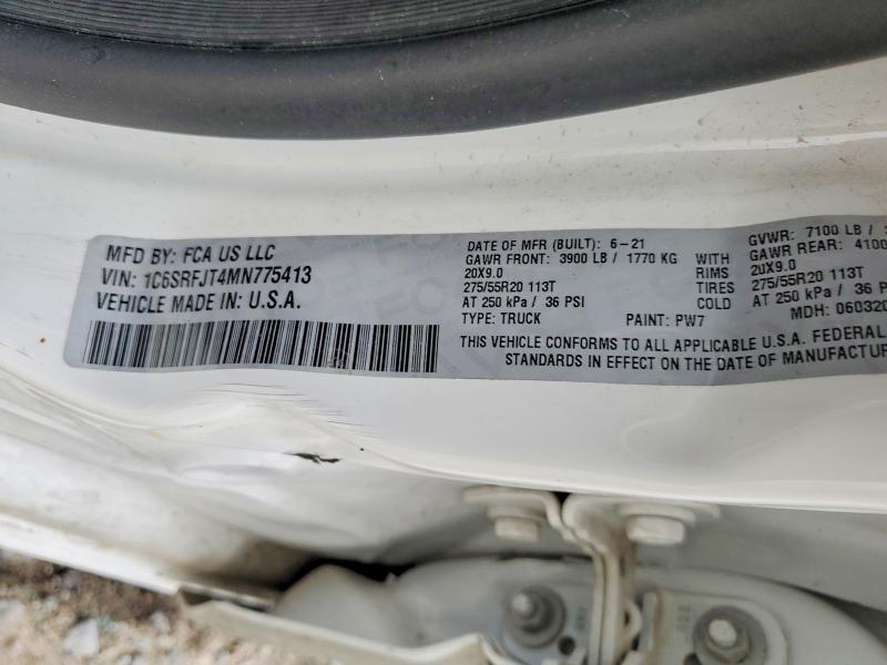 2021 Ram 1500 მანქანა იყიდება აუქციონზე, vin: 1C6SRFJT4MN775413, აუქციონის ნომერი: 75832615