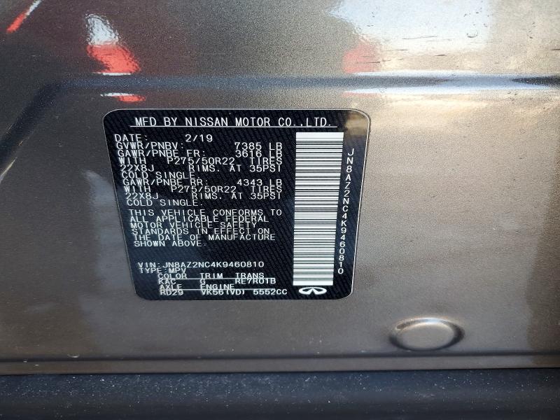 76208175 :رقم المزاد ، JN8AZ2NC4K9460810 vin ، 2019 Infiniti Qx80 مزاد بيع