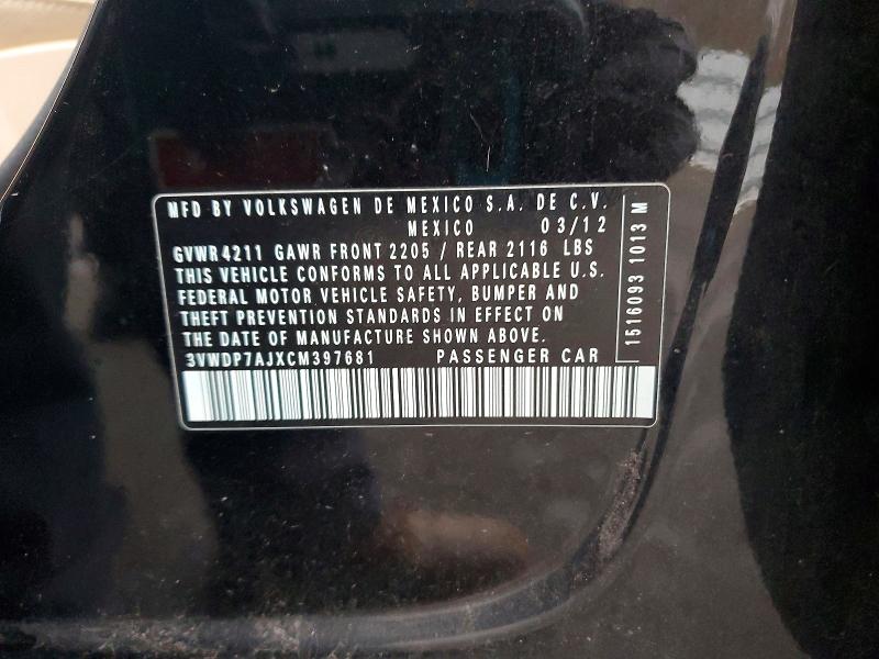 Aukcja sprzedaży 2012 Volkswagen Jetta, vin: 3VWDP7AJXCM397681, numer aukcji: 78093185