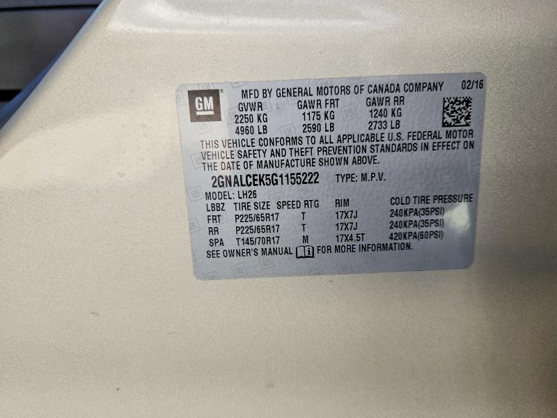 79230425 :رقم المزاد ، 2GNALCEK5G1155222 vin ، 2016 Chevrolet Equinox مزاد بيع