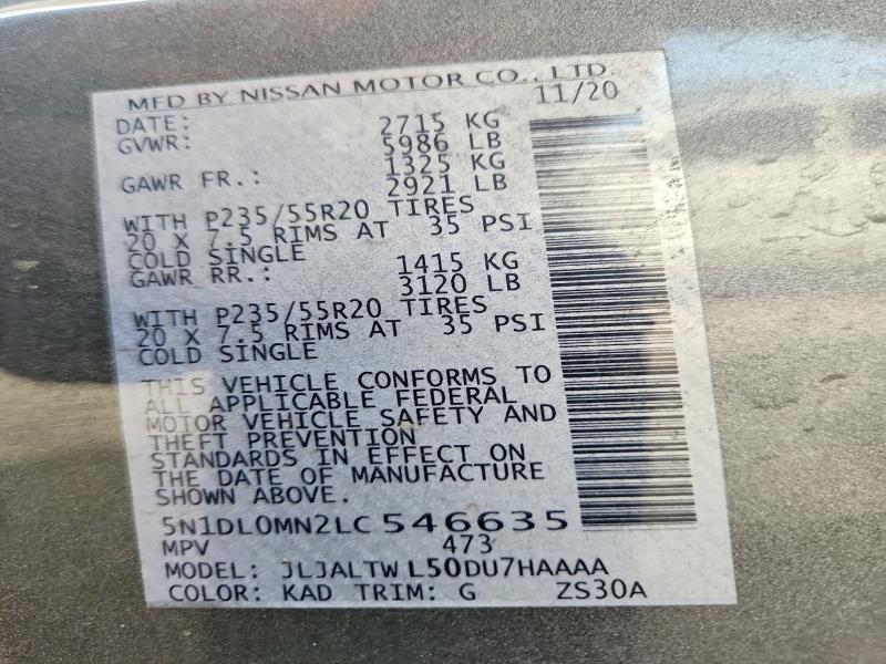Aukcja sprzedaży 2020 Infiniti Qx60, vin: 5N1DL0MN2LC546635, numer aukcji: 76860345