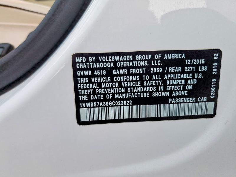 Продажа на аукционе авто 2016 Volkswagen Passat, vin: 1VWBS7A39GC023822, номер лота: 77046155