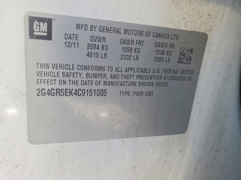 75790475 :رقم المزاد ، 2G4GR5EK4C9151005 vin ، 2012 Buick Regal مزاد بيع