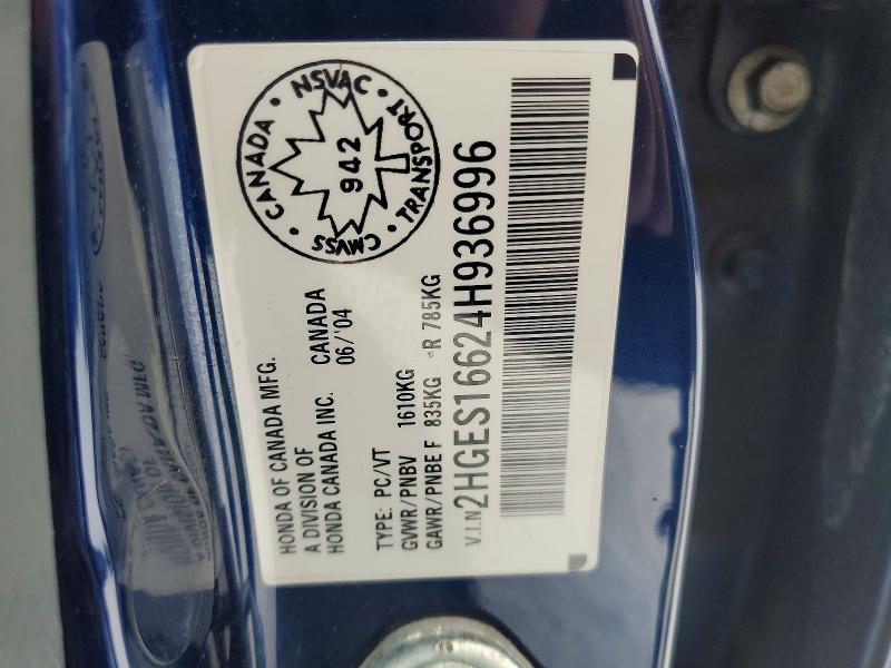 76130705 :رقم المزاد ، 2HGES16624H936996 vin ، 2004 Honda Civic مزاد بيع