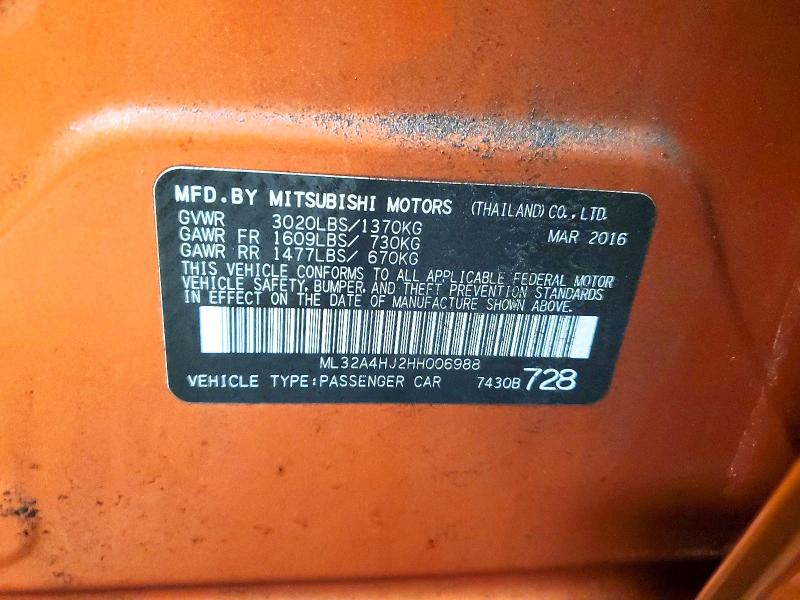 Aukcja sprzedaży 2017 Mitsubishi Mirage, vin: ML32A4HJ2HH006988, numer aukcji: 76738905