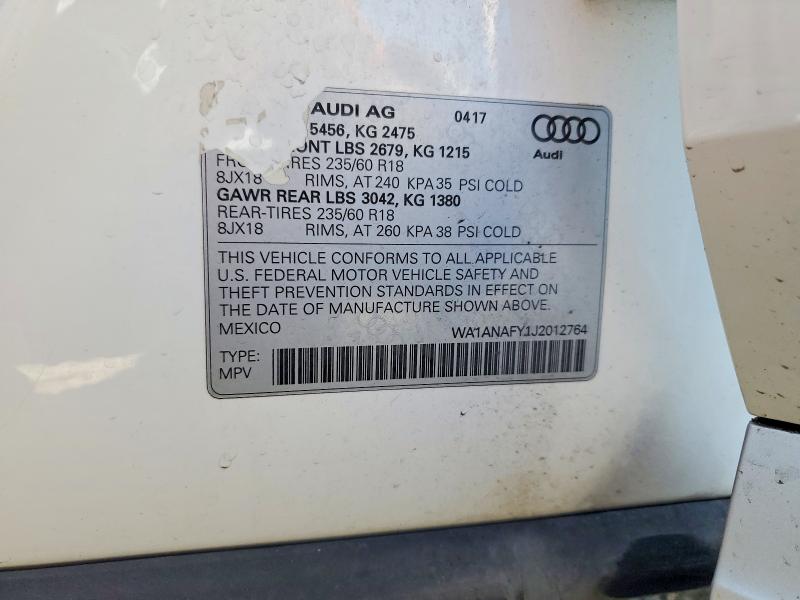 2018 Audi Q5 მანქანა იყიდება აუქციონზე, vin: WA1ANAFY1J2012764, აუქციონის ნომერი: 77398635