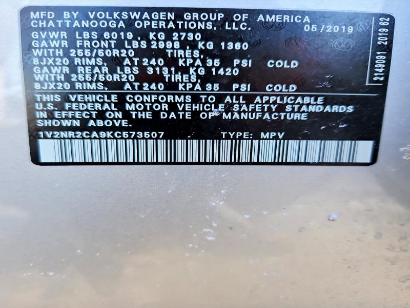 76600635 :رقم المزاد ، 1V2NR2CA9KC573507 vin ، 2019 Volkswagen Atlas Sel مزاد بيع