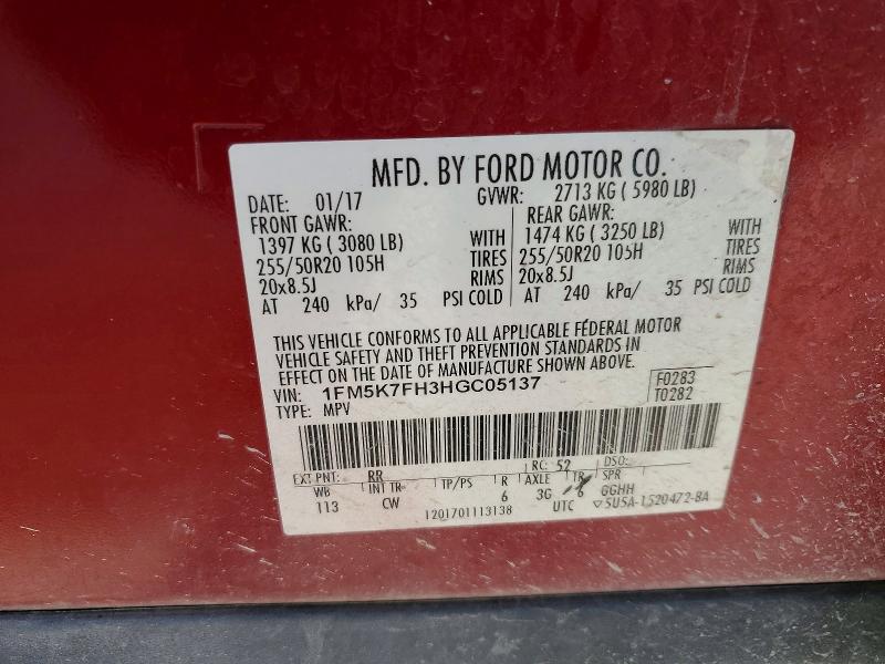 77212425 :رقم المزاد ، 1FM5K7FH3HGC05137 vin ، 2017 Ford Explorer مزاد بيع