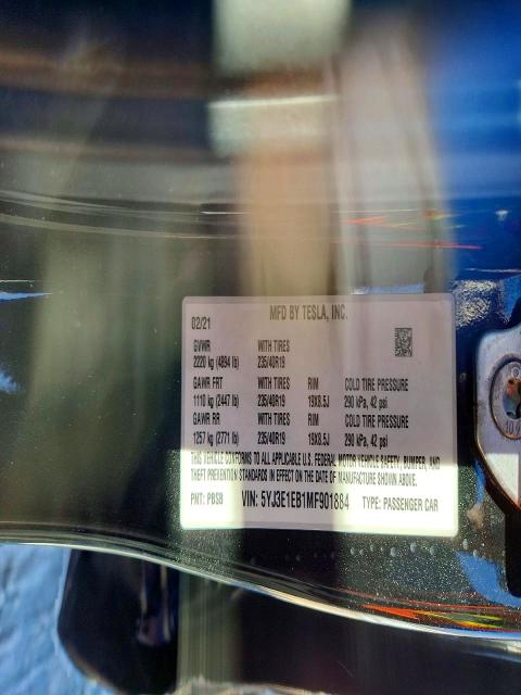 2021 Tesla Model 3 მანქანა იყიდება აუქციონზე, vin: 5YJ3E1EB1MF901884, აუქციონის ნომერი: 76269165