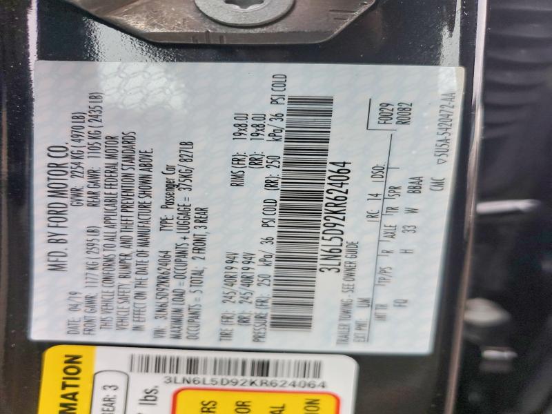 Продаж на аукціоні авто 2019 Lincoln Mkz, vin: 3LN6L5D92KR624064, номер лоту: 78248305