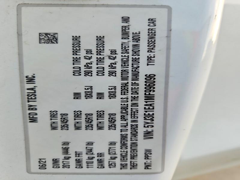2021 Tesla Model 3 მანქანა იყიდება აუქციონზე, vin: 5YJ3E1EA1MF996096, აუქციონის ნომერი: 75567485