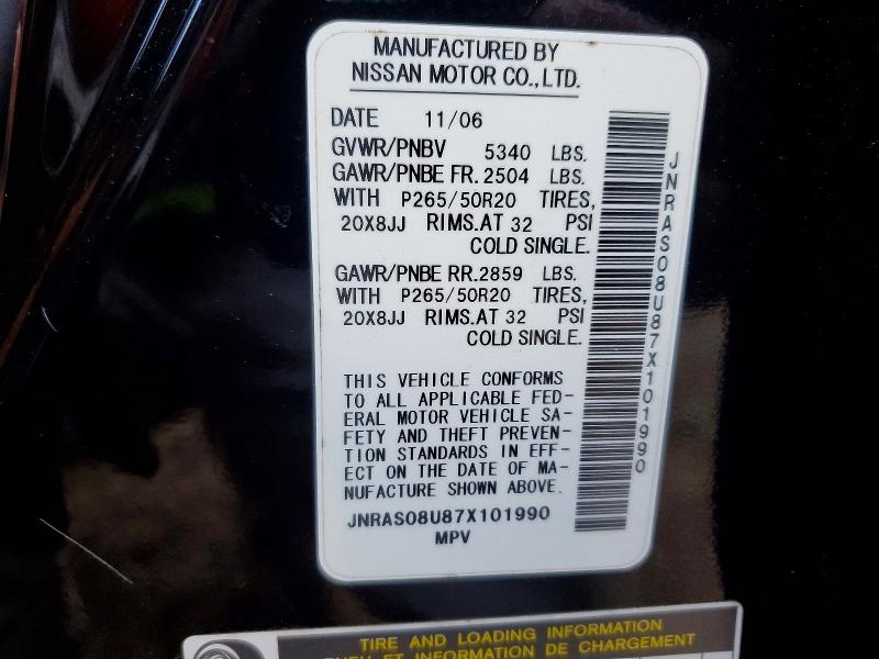 Aukcja sprzedaży 2007 Infiniti Fx35, vin: JNRAS08U87X101990, numer aukcji: 76016465