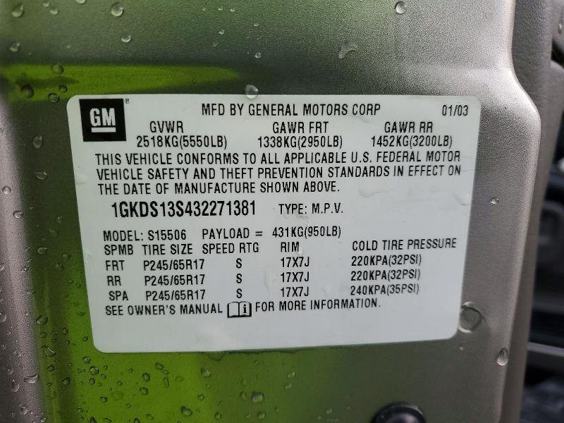 Aukcja sprzedaży 2003 Gmc Envoy, vin: 1GKDS13S432271381, numer aukcji: 77916585