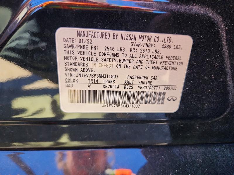 76433765 :رقم المزاد ، JN1EV7BP3NM311807 vin ، 2022 Infiniti Q50 مزاد بيع