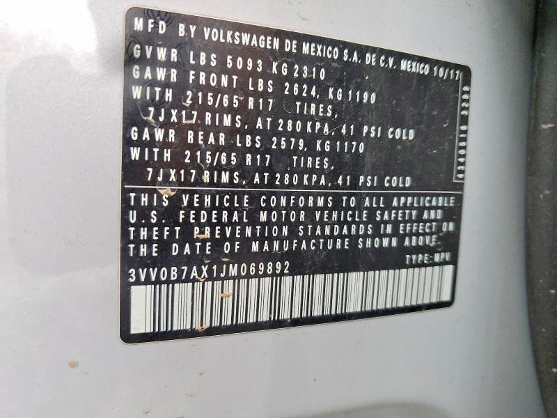 Продаж на аукціоні авто 2018 Volkswagen Tiguan, vin: 3VV0B7AX1JM069892, номер лоту: 78735575