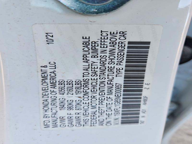 75690345 :رقم المزاد ، 19XFL1G85NE000657 vin ، 2022 Honda Civic مزاد بيع