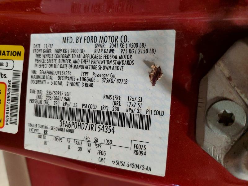 2018 Ford Fusion მანქანა იყიდება აუქციონზე, vin: 3FA6P0HD7JR154354, აუქციონის ნომერი: 77822085