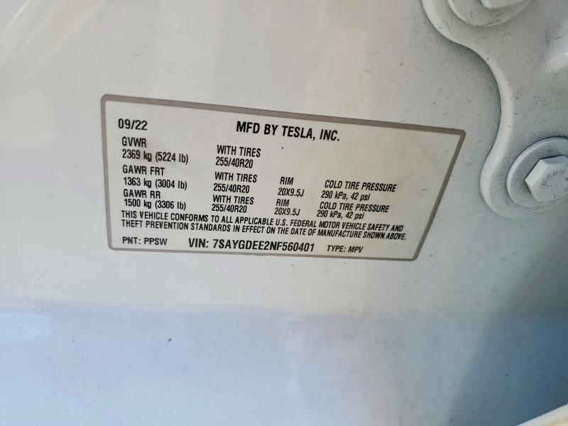78617575 :رقم المزاد ، 7SAYGDEE2NF560401 vin ، 2022 Tesla Model Y مزاد بيع