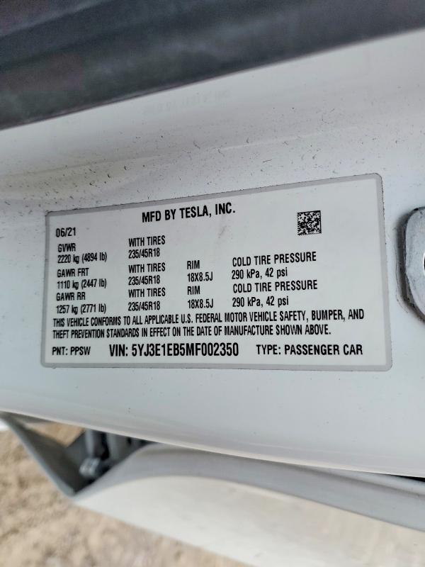 Aukcja sprzedaży 2021 Tesla Model 3, vin: 5YJ3E1EB5MF002350, numer aukcji: 73604655