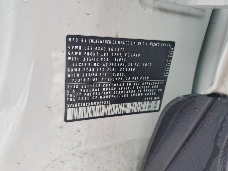 2022 Volkswagen Taos მანქანა იყიდება აუქციონზე, vin: 3VVRX7B2XNM029313, აუქციონის ნომერი: 77298155