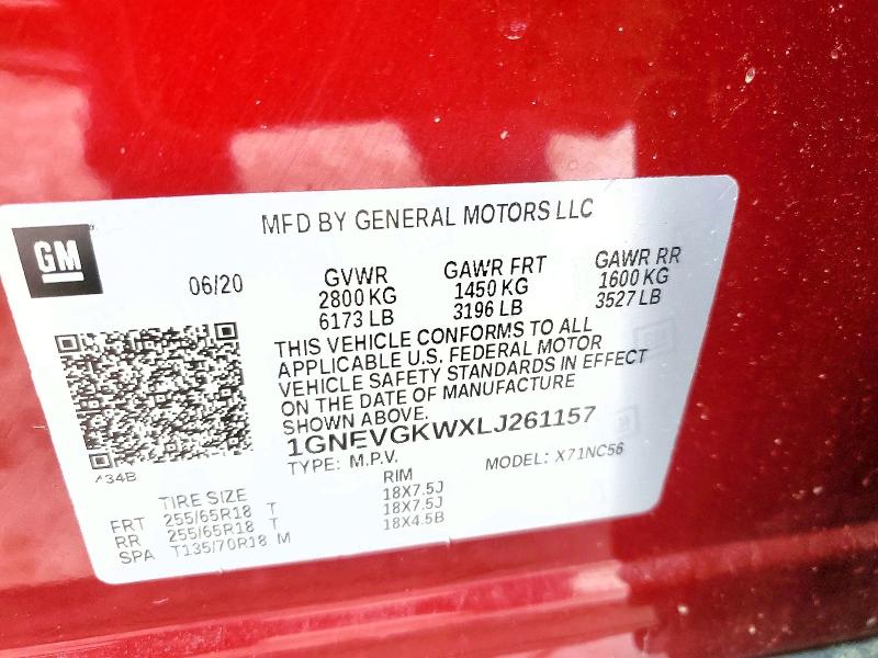 76691075 :رقم المزاد ، 1GNEVGKWXLJ261157 vin ، 2020 Chevrolet Traverse مزاد بيع