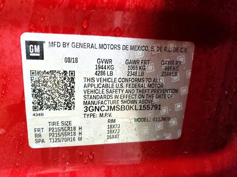 77571775 :رقم المزاد ، 3GNCJMSB0KL155791 vin ، 2019 Chevrolet Trax مزاد بيع