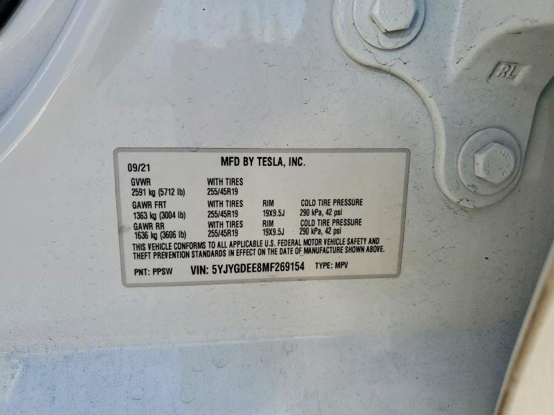 Aukcja sprzedaży 2021 Tesla Model Y, vin: 5YJYGDEE8MF269154, numer aukcji: 79483915