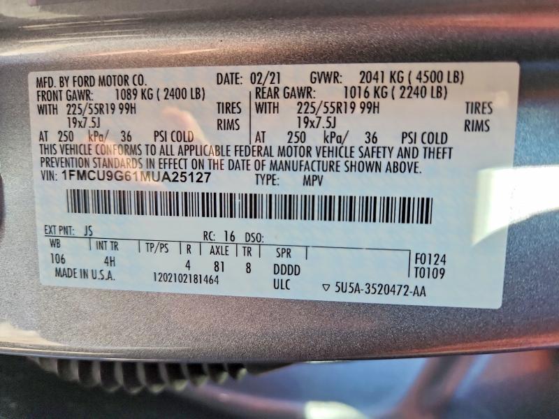 78799255 :رقم المزاد ، 1FMCU9G61MUA25127 vin ، 2021 Ford Escape مزاد بيع