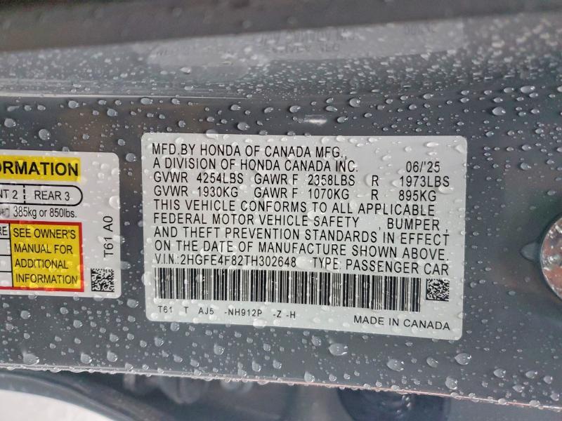 77523855 :رقم المزاد ، 2HGFE4F82TH302648 vin ، 2026 Honda Civic مزاد بيع